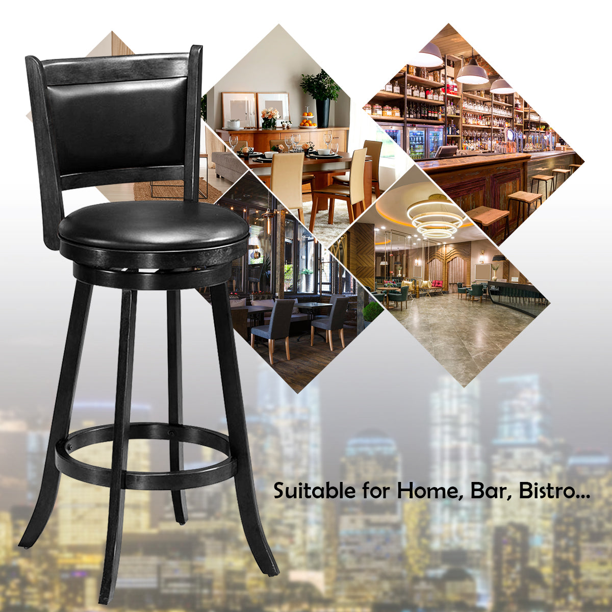 Accent Wooden Swivel Bar Height Stool for Dining Room-Black-74 cm