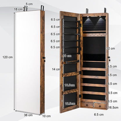Lockable LED Mirror Jewelry Cabinet with Full Screen Mirror for Bedroom-Brown