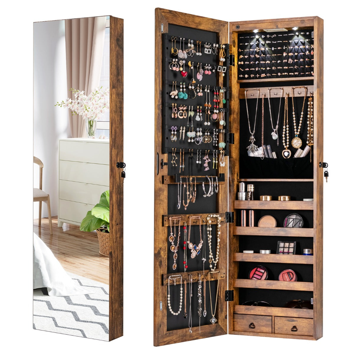 Lockable LED Mirror Jewelry Cabinet with Full Screen Mirror for Bedroom-Brown