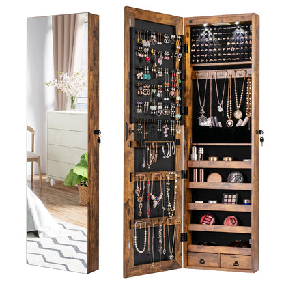 Lockable LED Mirror Jewelry Cabinet with Full Screen Mirror for Bedroom-Brown