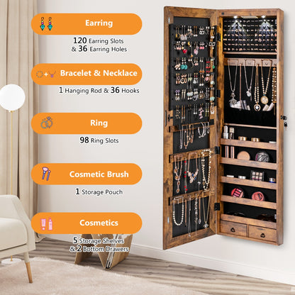 Lockable LED Mirror Jewelry Cabinet with Full Screen Mirror for Bedroom-Brown