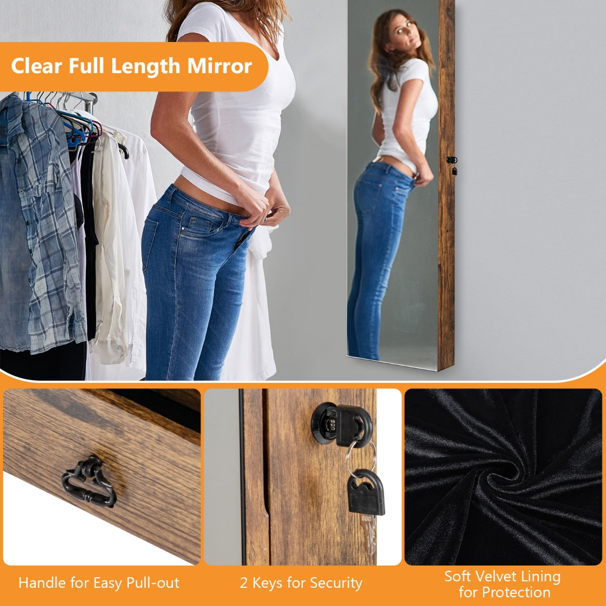 Lockable LED Mirror Jewelry Cabinet with Full Screen Mirror for Bedroom-Brown