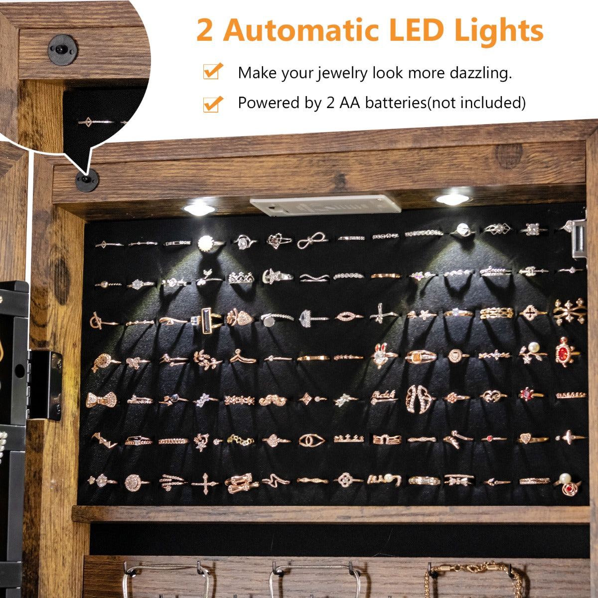 Lockable LED Mirror Jewelry Cabinet with Full Screen Mirror for Bedroom-Brown