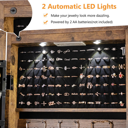 Lockable LED Mirror Jewelry Cabinet with Full Screen Mirror for Bedroom-Brown