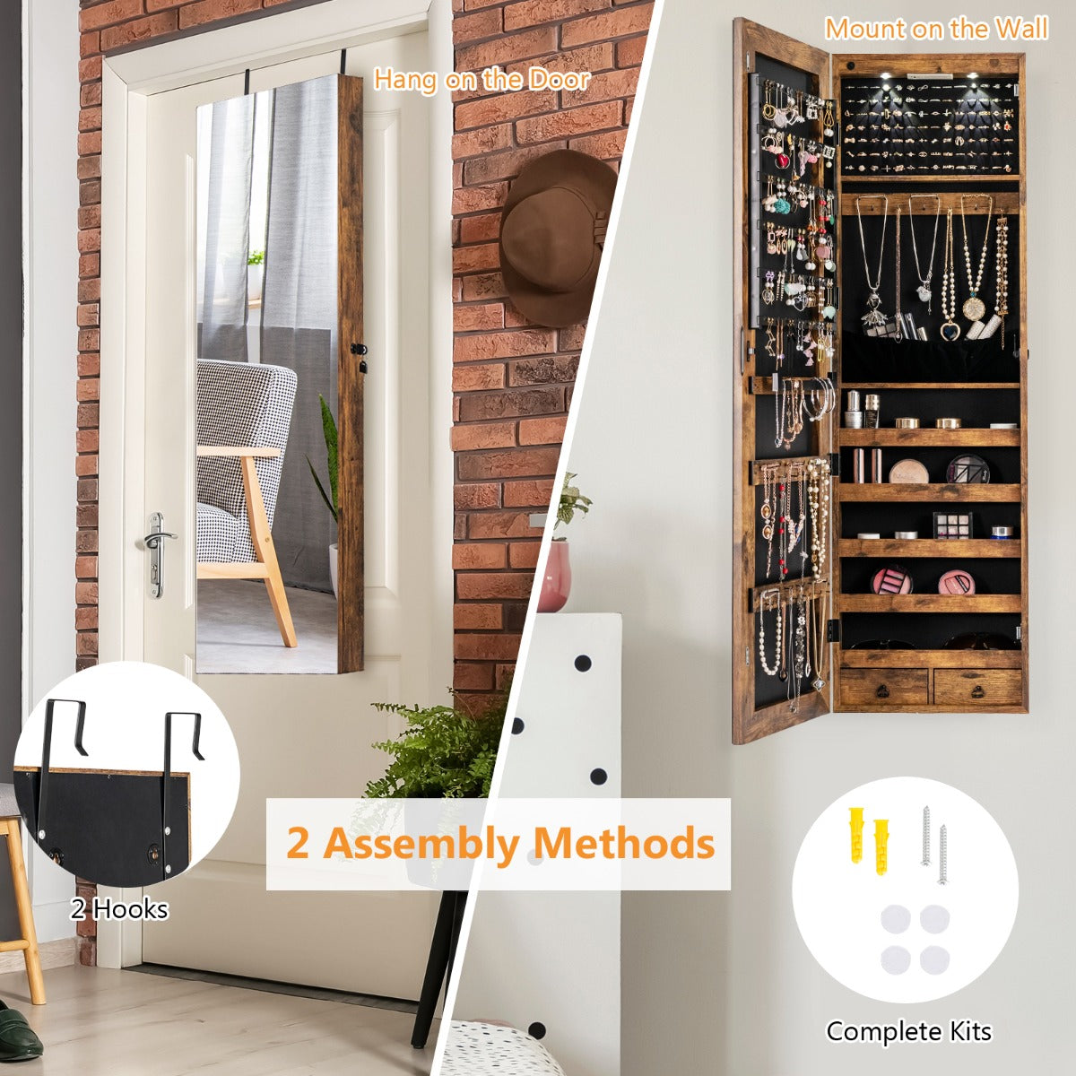 Lockable LED Mirror Jewelry Cabinet with Full Screen Mirror for Bedroom-Brown