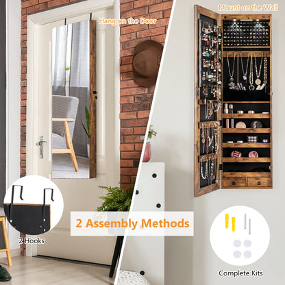 Lockable LED Mirror Jewelry Cabinet with Full Screen Mirror for Bedroom-Brown