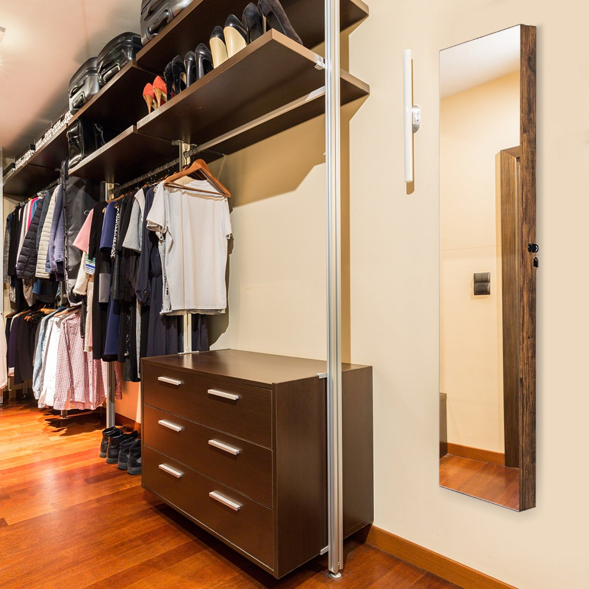 Lockable LED Mirror Jewelry Cabinet with Full Screen Mirror for Bedroom-Brown