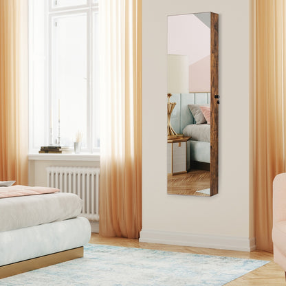 Lockable LED Mirror Jewelry Cabinet with Full Screen Mirror for Bedroom-Brown