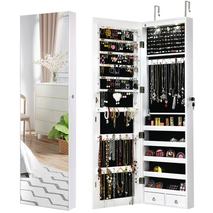 Lockable LED Mirror Jewelry Cabinet with Full Screen Mirror for Bedroom-White