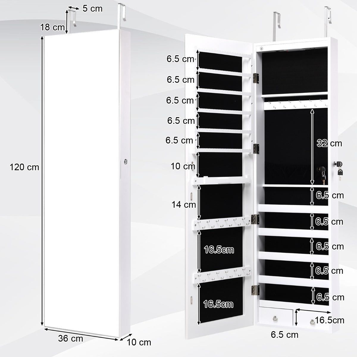 Lockable LED Mirror Jewelry Cabinet with Full Screen Mirror for Bedroom-White