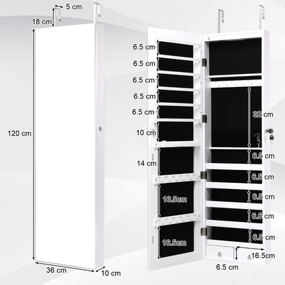 Lockable LED Mirror Jewelry Cabinet with Full Screen Mirror for Bedroom-White