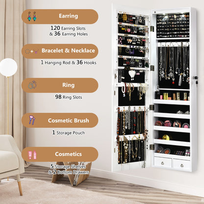 Lockable LED Mirror Jewelry Cabinet with Full Screen Mirror for Bedroom-White
