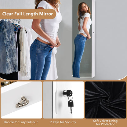 Lockable LED Mirror Jewelry Cabinet with Full Screen Mirror for Bedroom-White