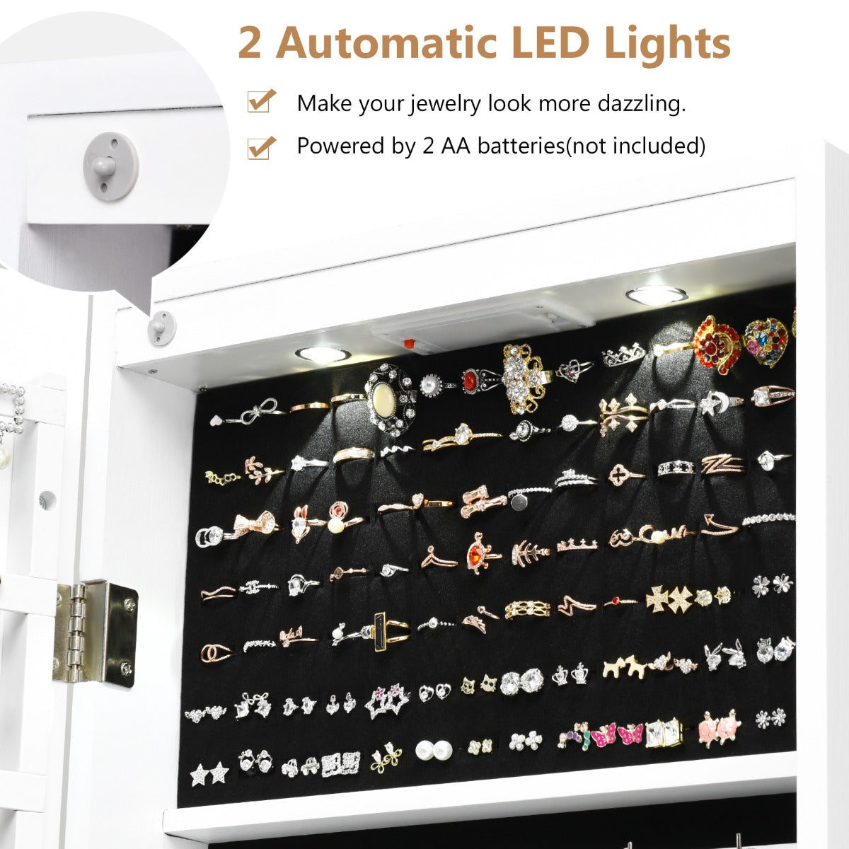 Lockable LED Mirror Jewelry Cabinet with Full Screen Mirror for Bedroom-White