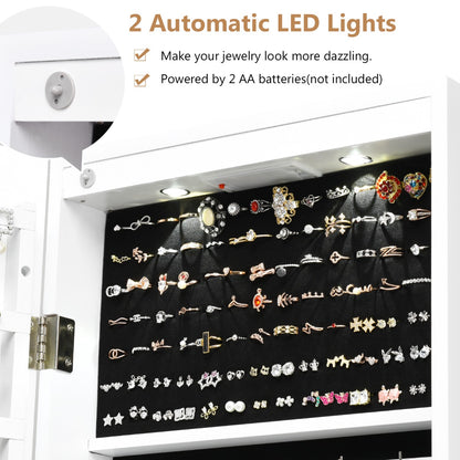 Lockable LED Mirror Jewelry Cabinet with Full Screen Mirror for Bedroom-White