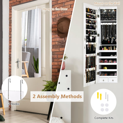 Lockable LED Mirror Jewelry Cabinet with Full Screen Mirror for Bedroom-White