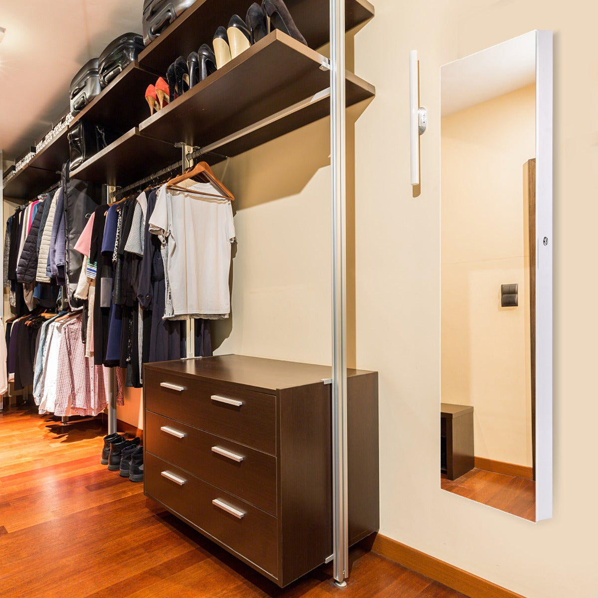 Lockable LED Mirror Jewelry Cabinet with Full Screen Mirror for Bedroom-White