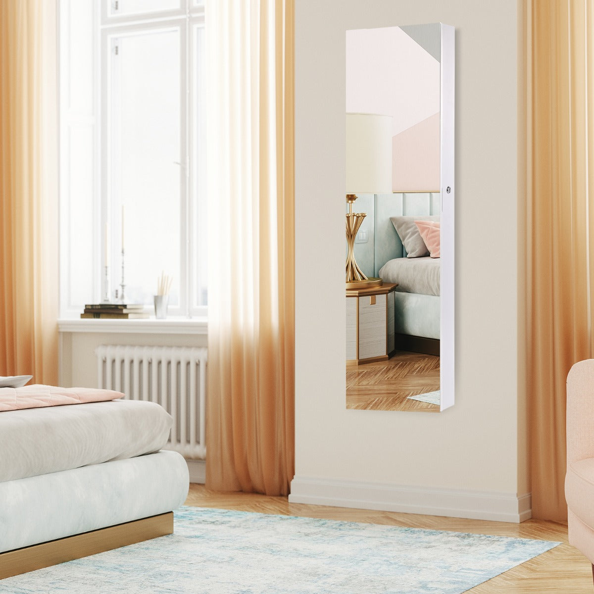 Lockable LED Mirror Jewelry Cabinet with Full Screen Mirror for Bedroom-White