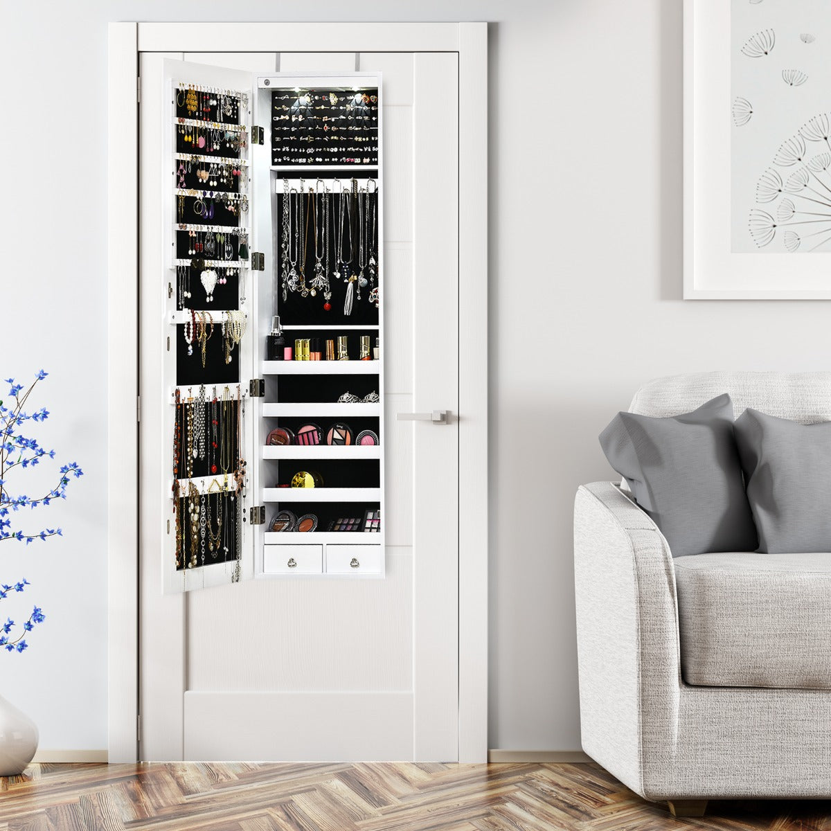 Lockable LED Mirror Jewelry Cabinet with Full Screen Mirror for Bedroom-White