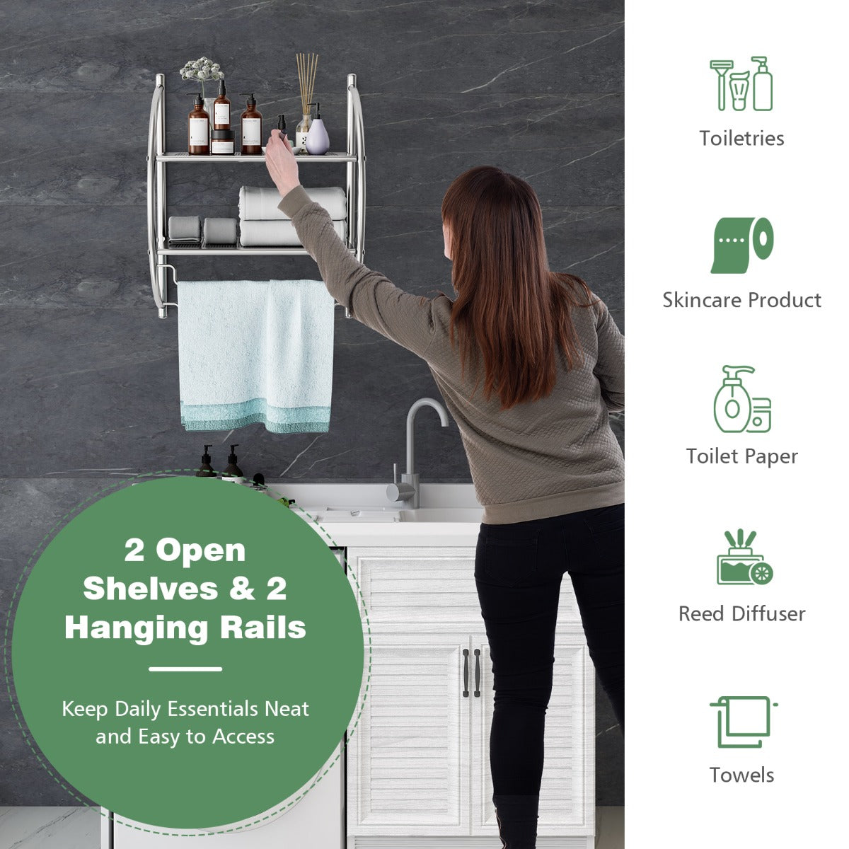 2-Tier Wall Mount Towel Storage Rack for Bathroom