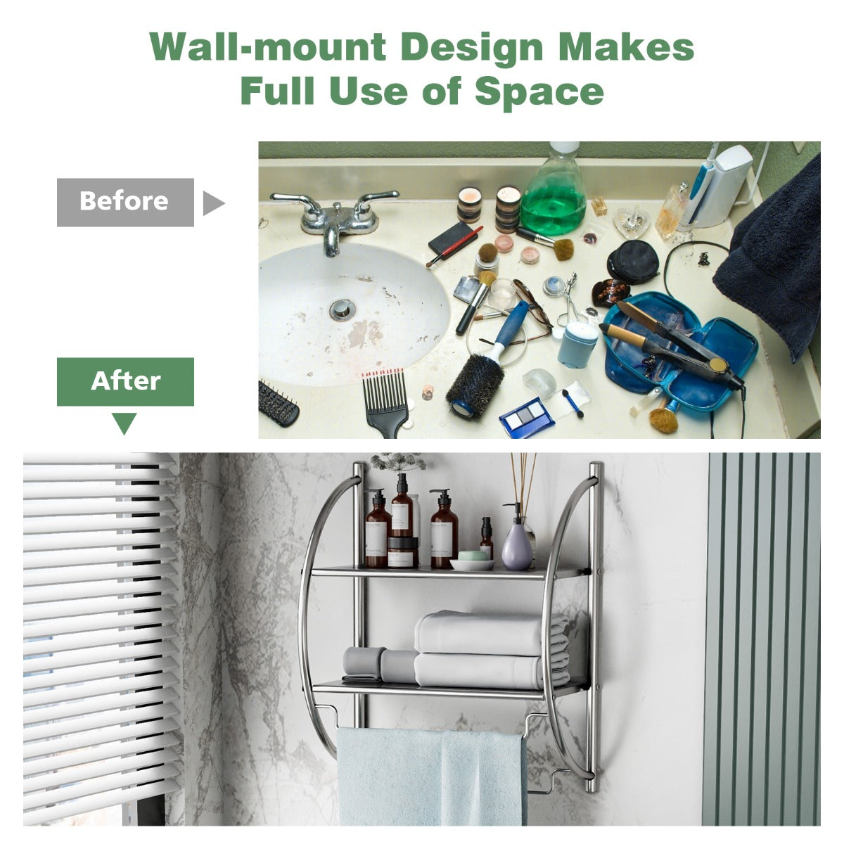 2-Tier Wall Mount Towel Storage Rack for Bathroom