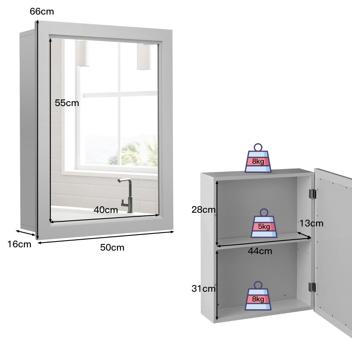 Costway Mirror Cabinet with Wall Mounted for Bathroom/Kitchen-Grey