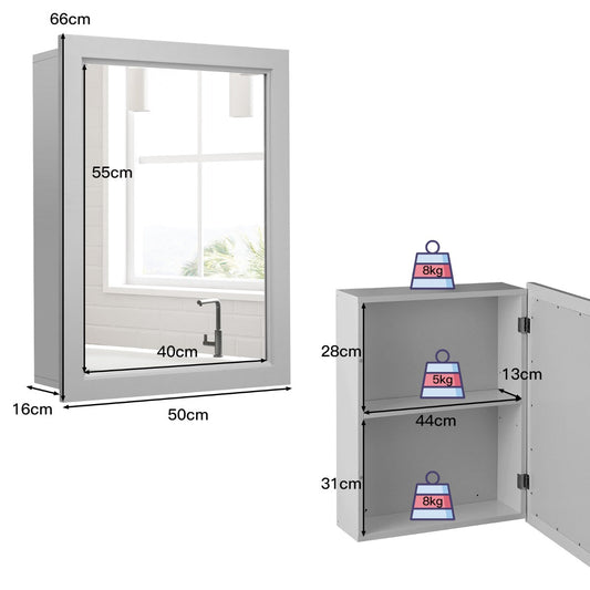 Wall-mounted bathroom mirror cabinet with white finish and adjustable shelf for flexible storage