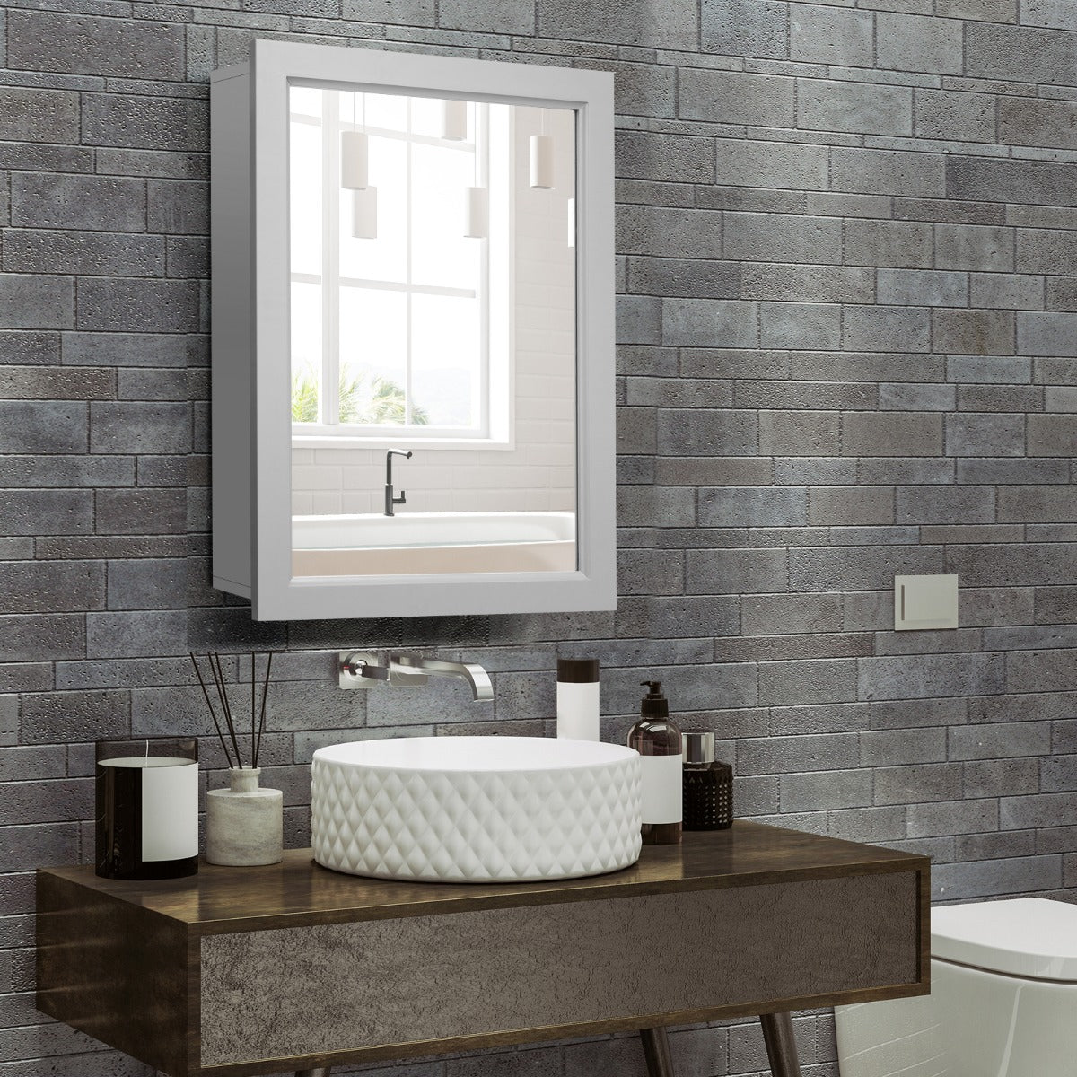 Costway Mirror Cabinet with Wall Mounted for Bathroom/Kitchen-Grey