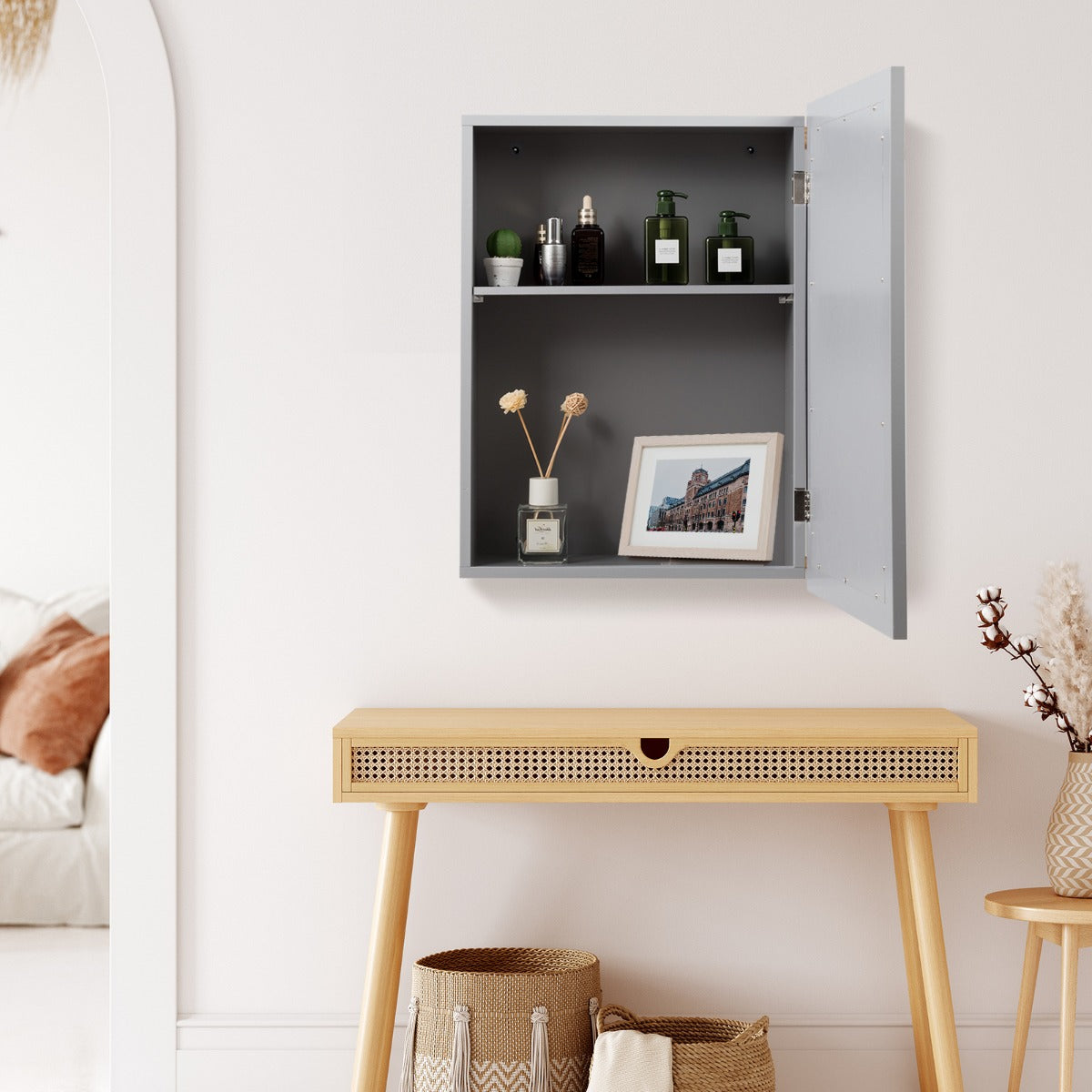 Costway Mirror Cabinet with Wall Mounted for Bathroom/Kitchen-Grey