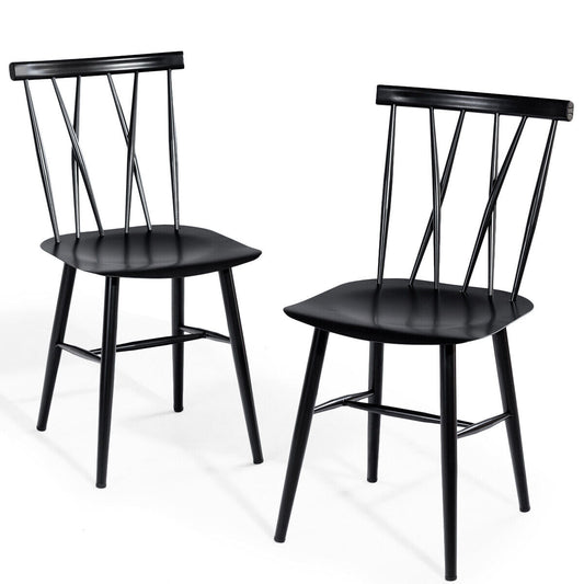 Set of two black steel dining chairs with curved backrests and large seats for comfortable modern seating