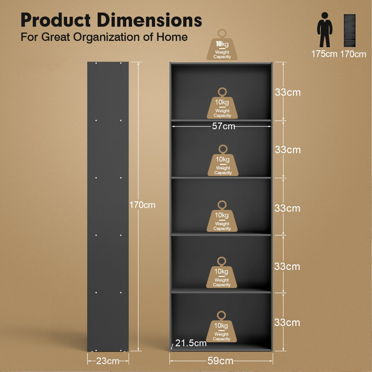 Standing Shelf wIth 5 Open Levels for Living Room-Black