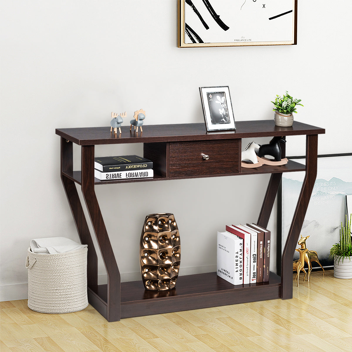 Costway Modern Entryway Table with Storage Drawer for Office-Brown