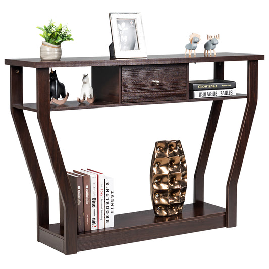 Costway Modern Entryway Table with Storage Drawer for Office-Brown