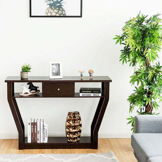 Costway Modern Entryway Table with Storage Drawer for Office-Brown