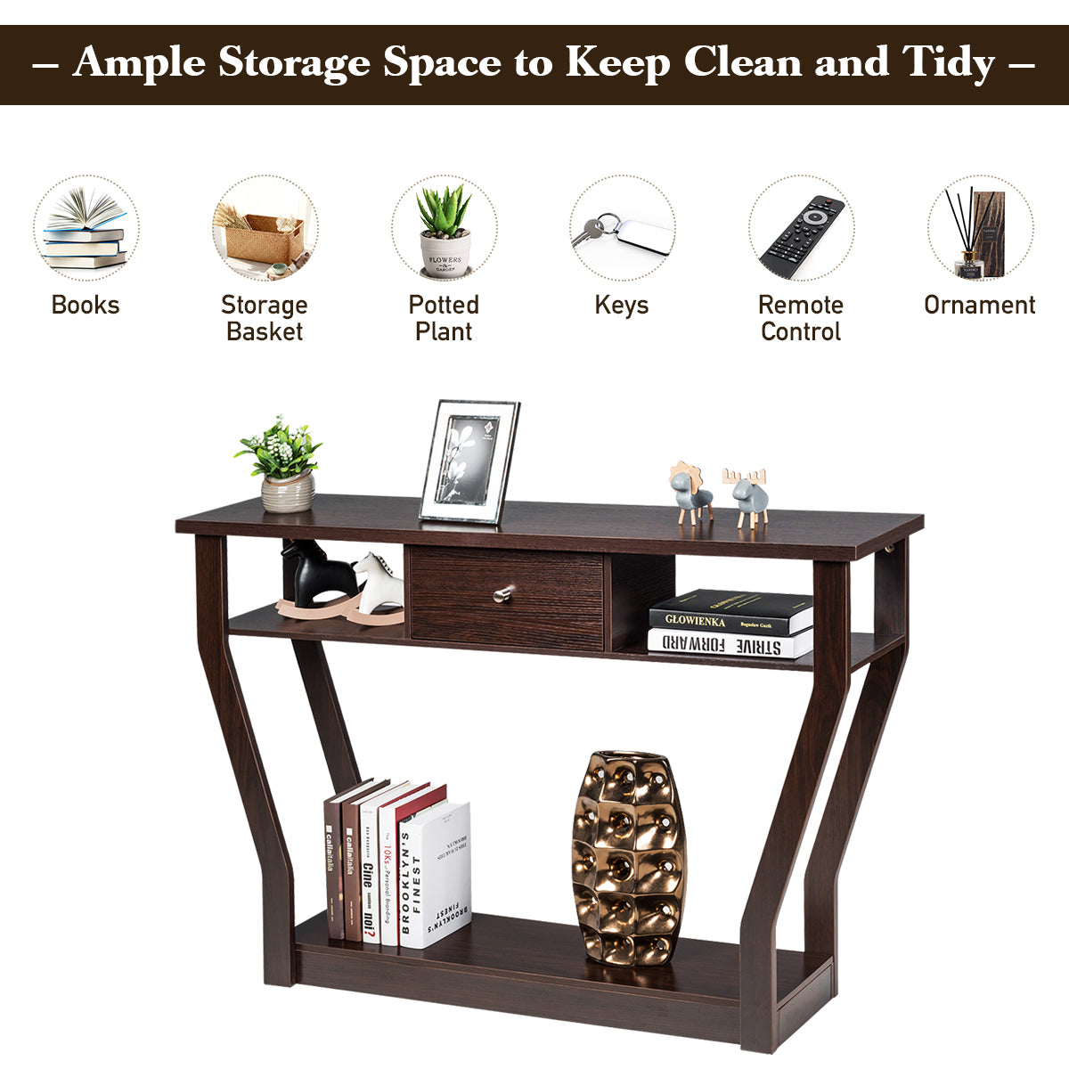Costway Modern Entryway Table with Storage Drawer for Office-Brown