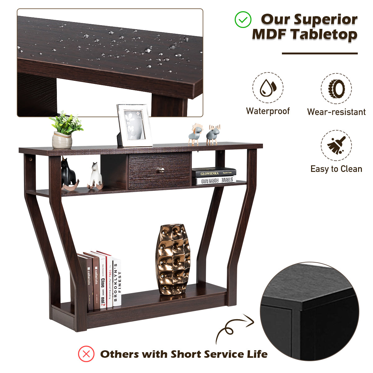 Costway Modern Entryway Table with Storage Drawer for Office-Brown