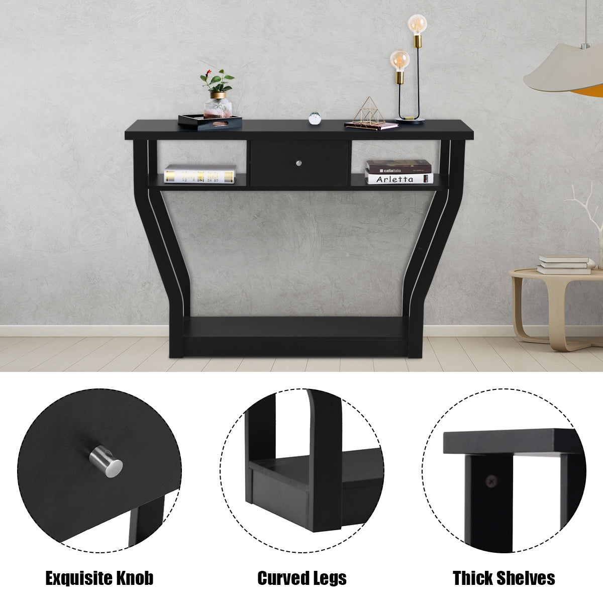 Costway Modern Entryway Table with Storage Drawer for Office-Black