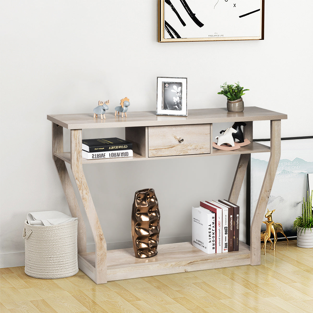 Costway Modern Entryway Table with Storage Drawer for Office-Grey