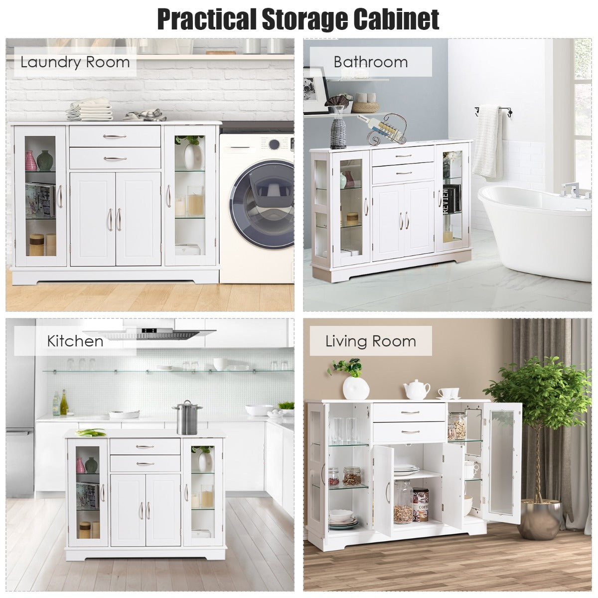 Buffet Sideboard with 2 Drawers &amp; 3 Cabinets for Kitchen &amp; Living Room-White