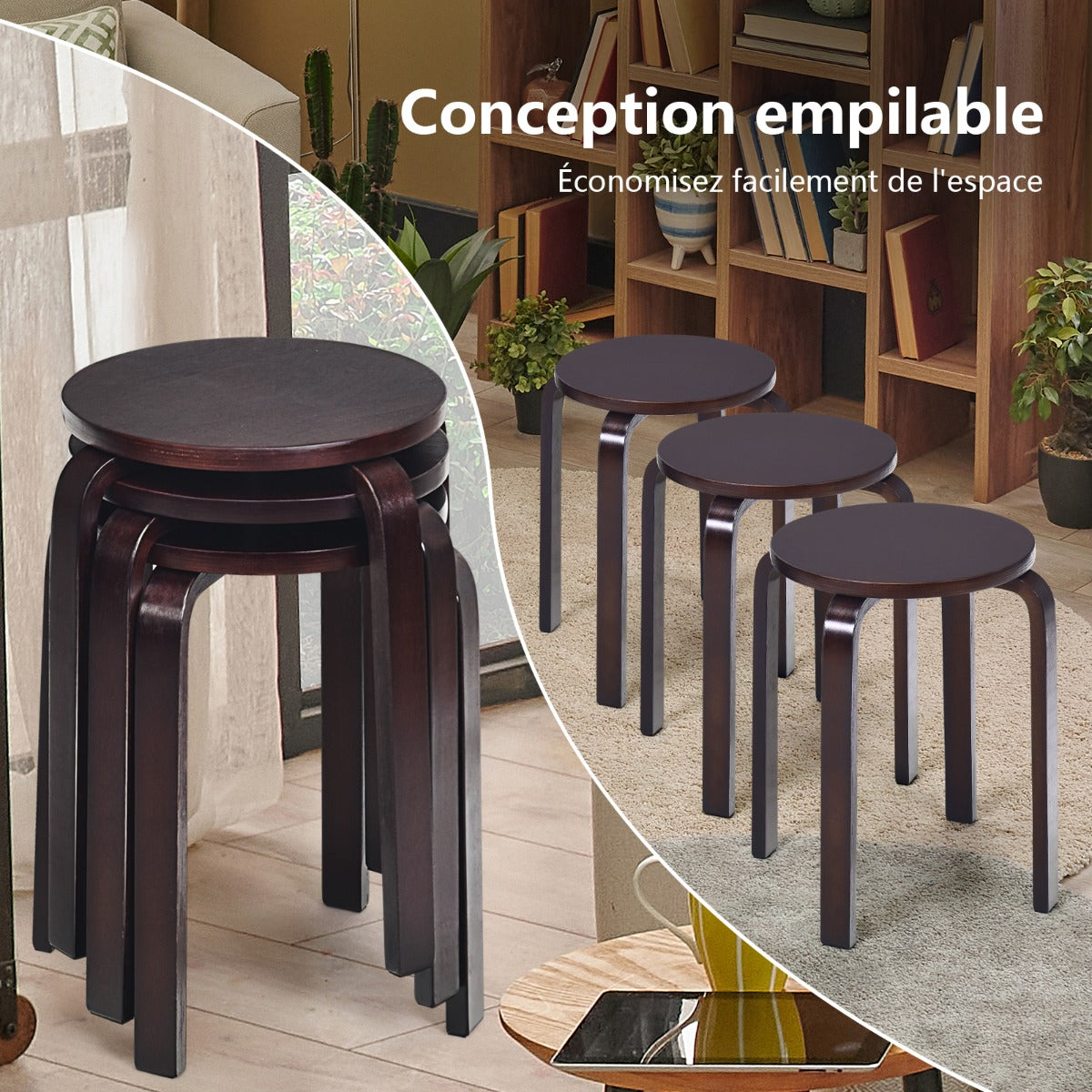 Set of 4 Stackable Wooden Stools for Living Room &amp;amp; Dining Room-Brown