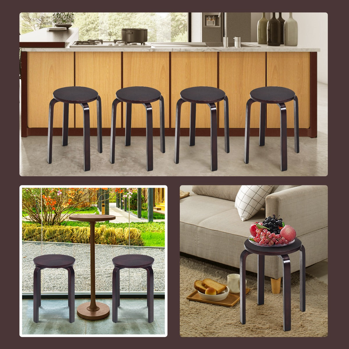 Set of 4 Stackable Wooden Stools for Living Room &amp;amp; Dining Room-Brown
