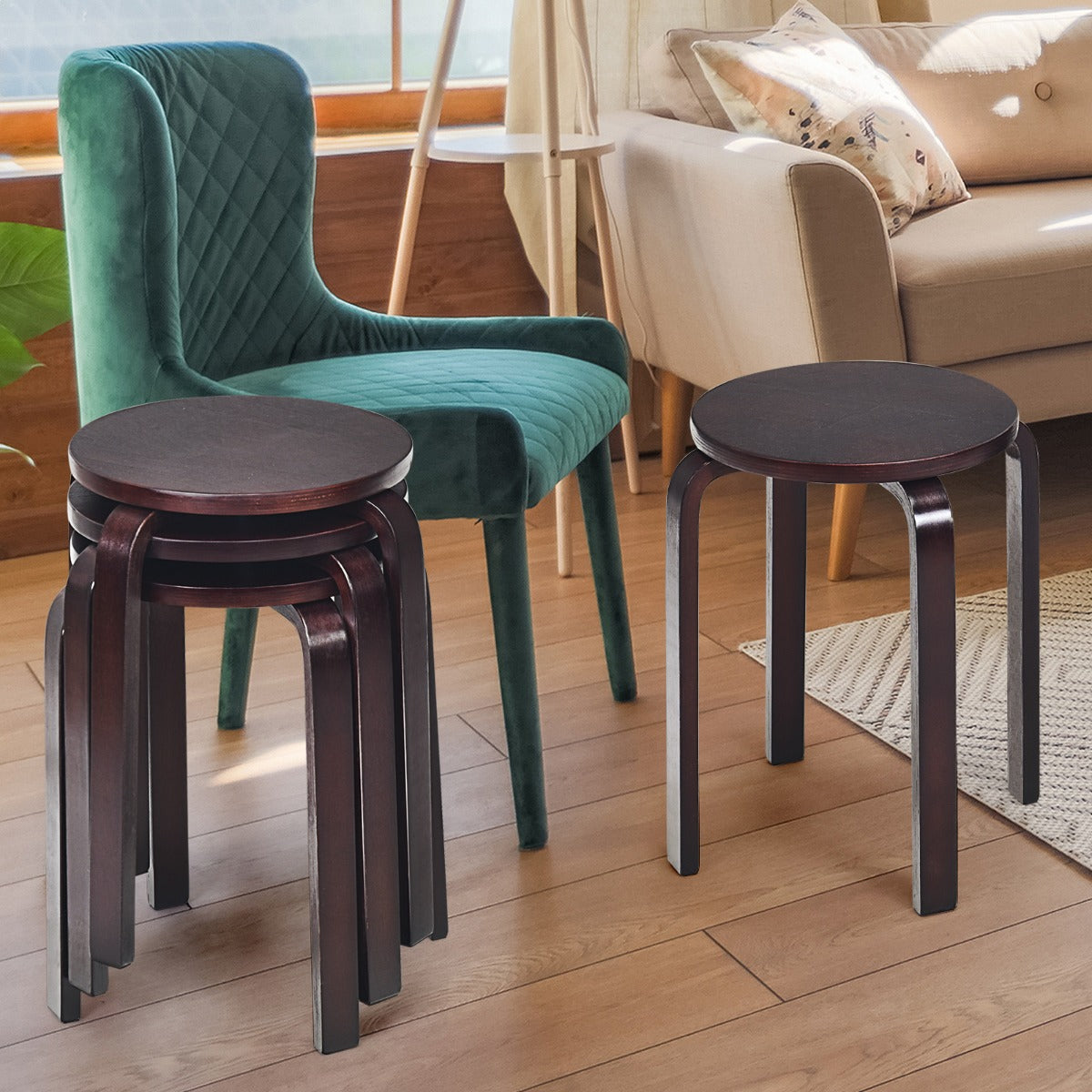 Set of 4 Stackable Wooden Stools for Living Room &amp;amp; Dining Room-Brown
