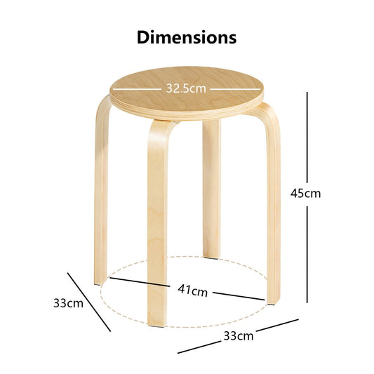 Set of four brown or natural solid birch wood stools with stackable space-saving design