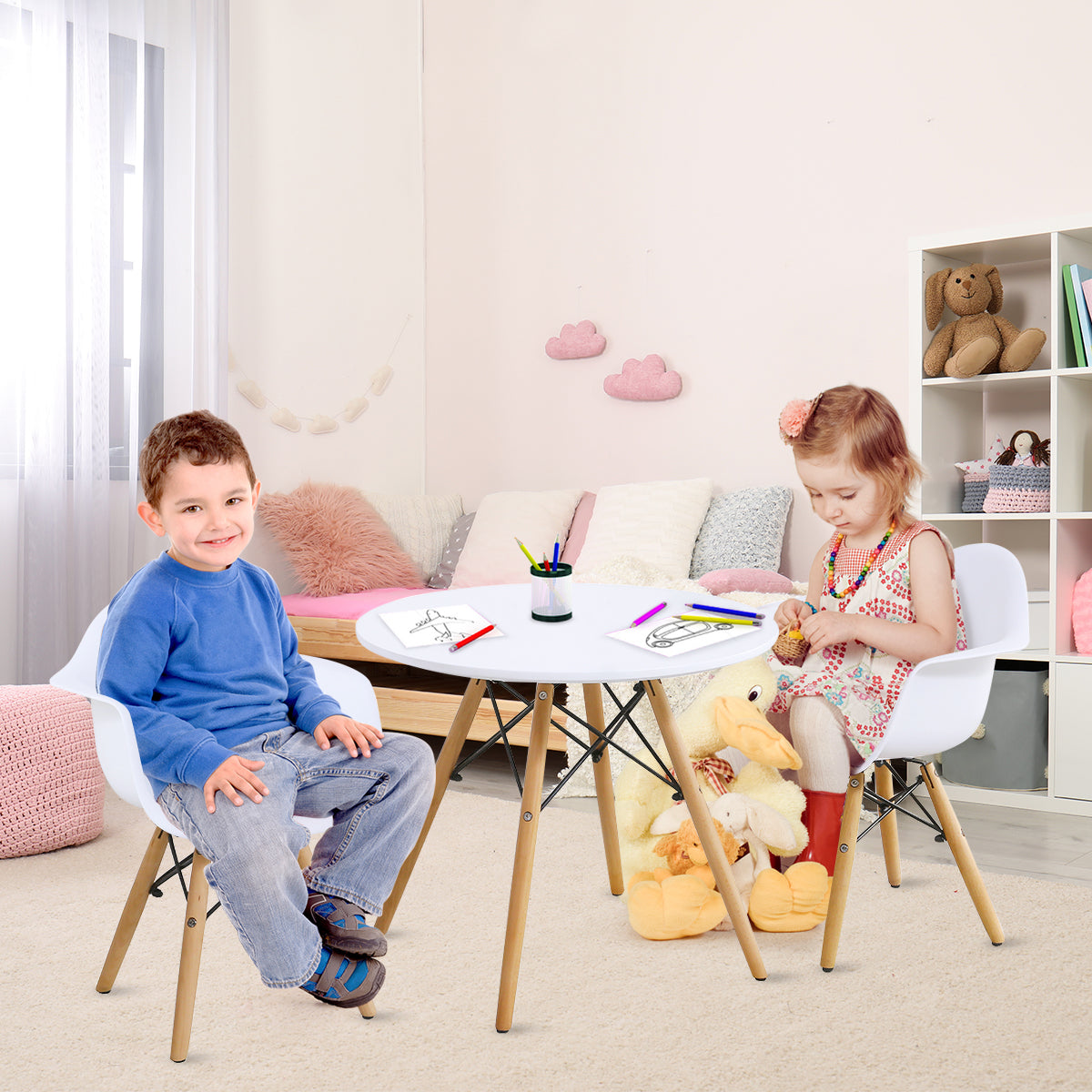 Non-slip rubber pads under the table and chairs help protect floors while improving stability during use