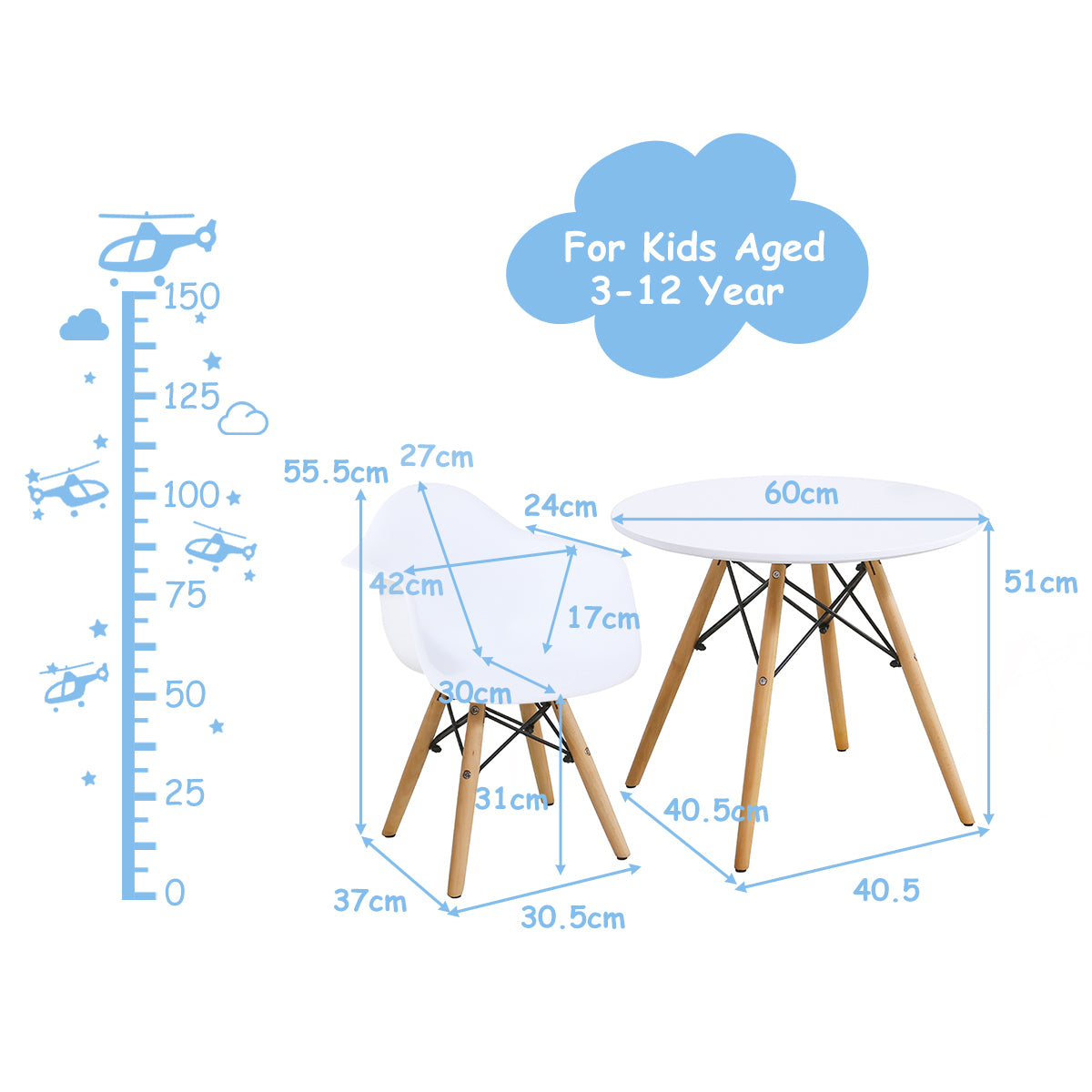 Costway 3-Piece Kids Table and 2 Chairs Set for Learning & Activity & Dining
