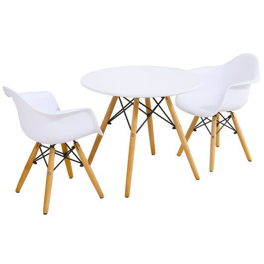 Three-piece children’s furniture set includes a round table and two armchairs for eating, reading, drawing, and play