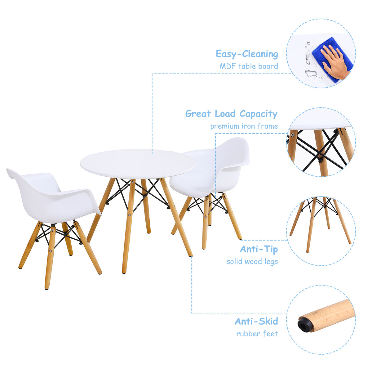 Solid wood legs and an iron Eiffel-style base provide stability and durable support for everyday children’s activities