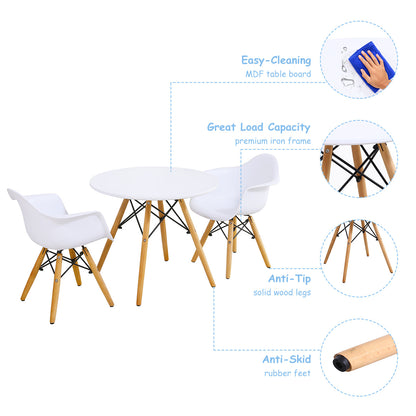 Solid wood legs and an iron Eiffel-style base provide stability and durable support for everyday children’s activities