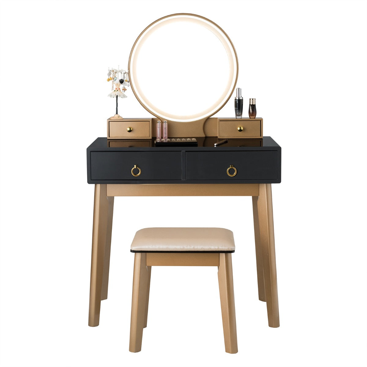 Dressing Table Stool Set with Makeup Mirror for Bedroom-Black