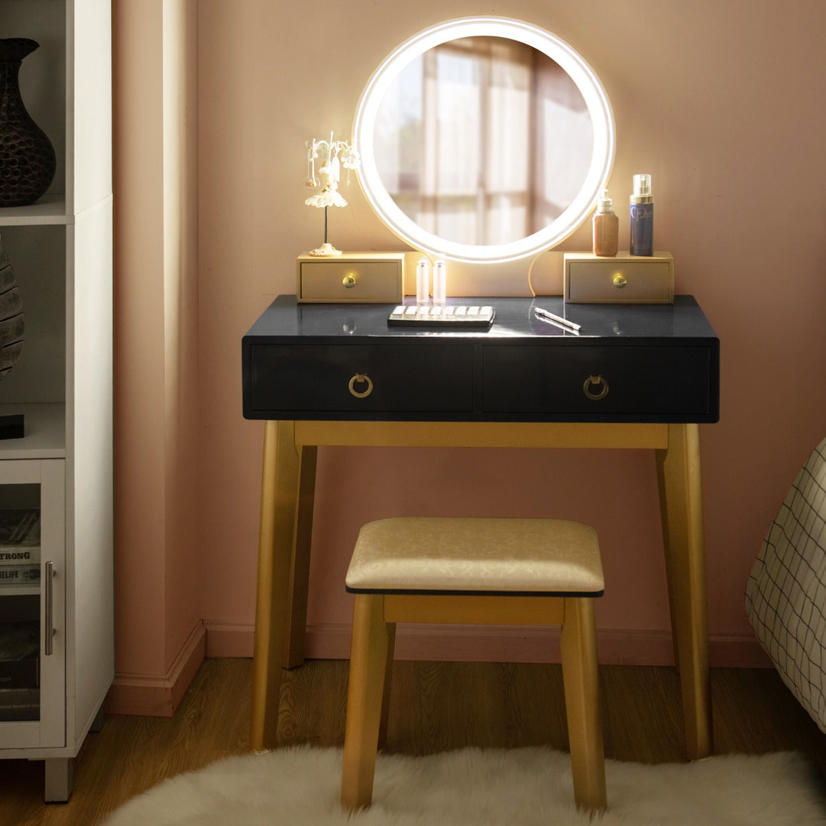 Dressing Table Stool Set with Makeup Mirror for Bedroom-Black